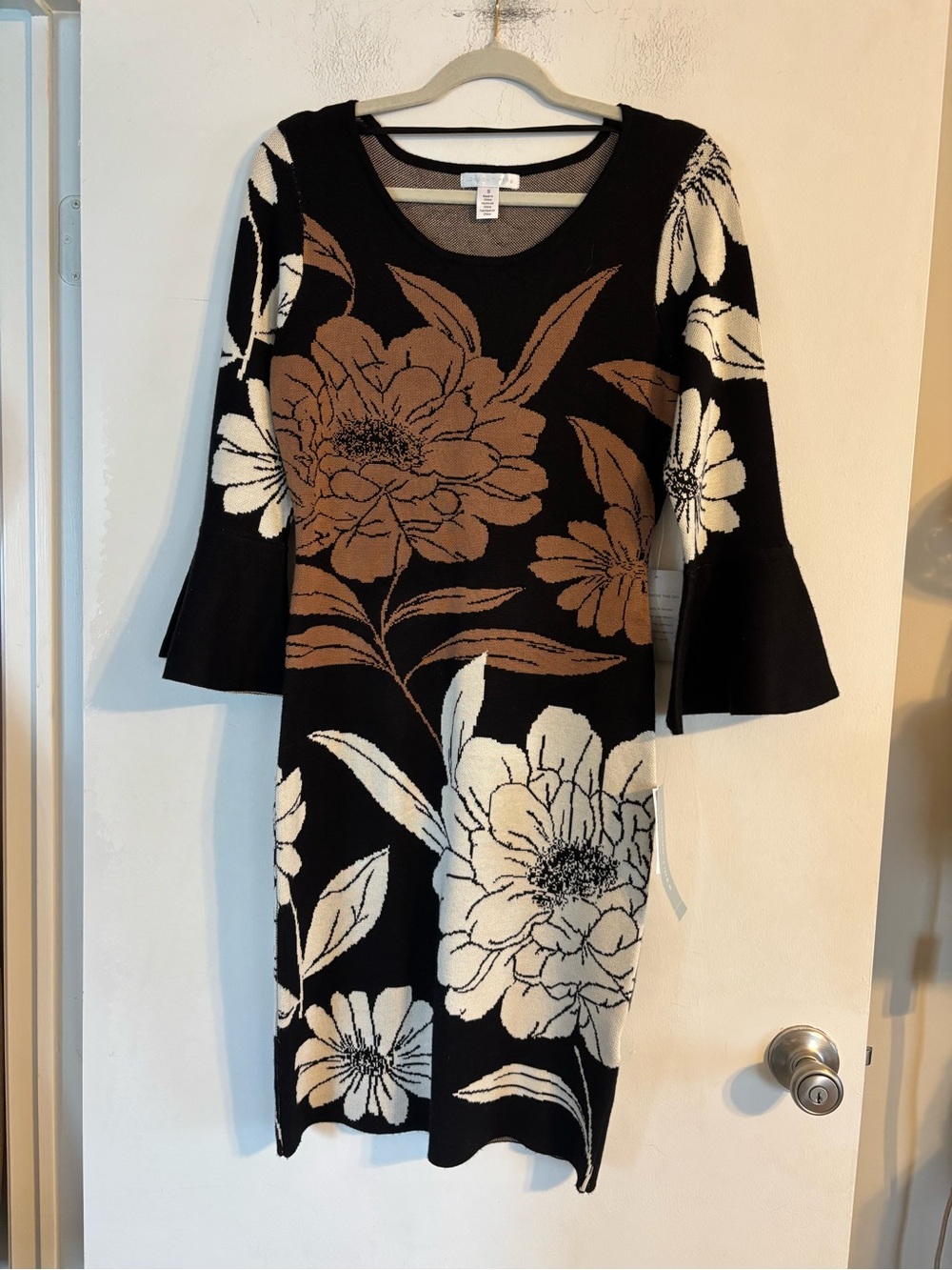 London Times Sweater Dress with Brown and White Floral Print and Bell Sleeves